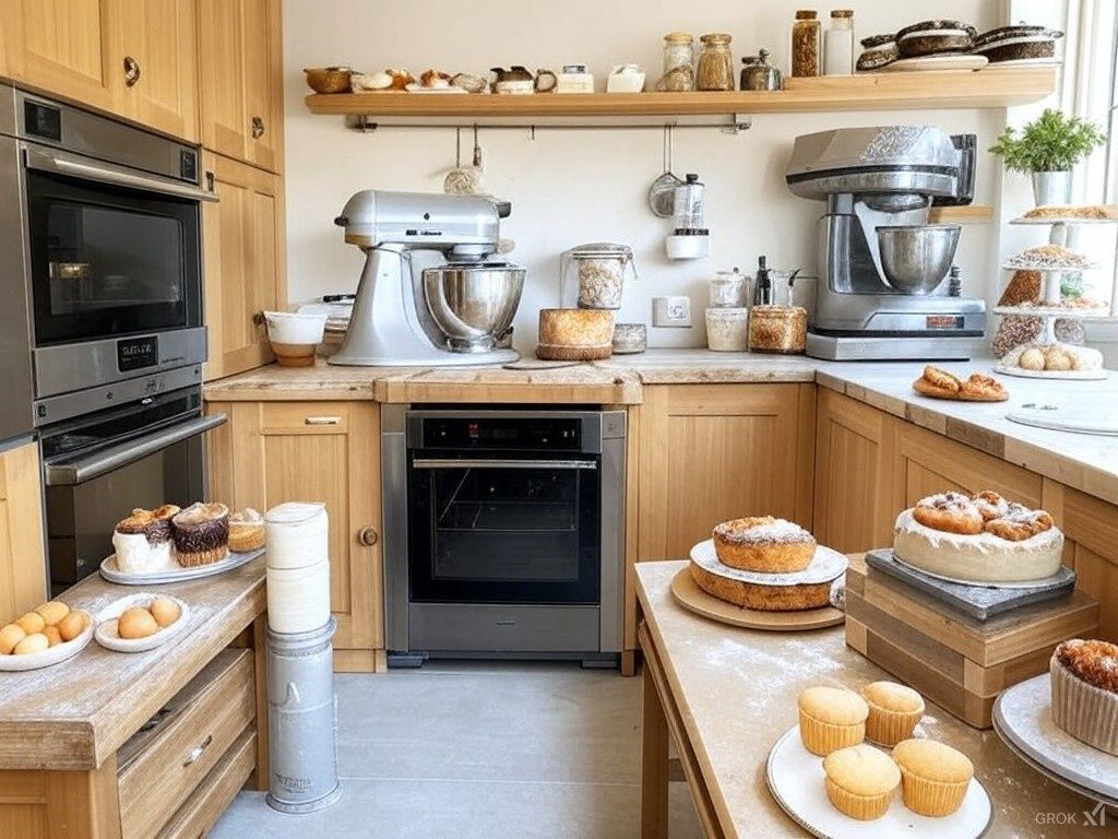Cocina organizada como obrador de pastelería en casa, con batidoras profesionales, horno y repostería lista para la venta